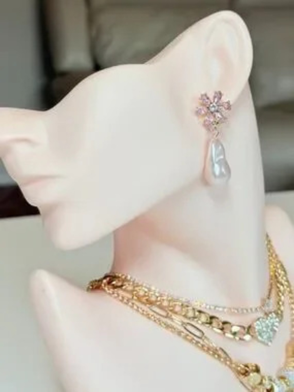Elegant Pink Flower Pearl Drop Earrings